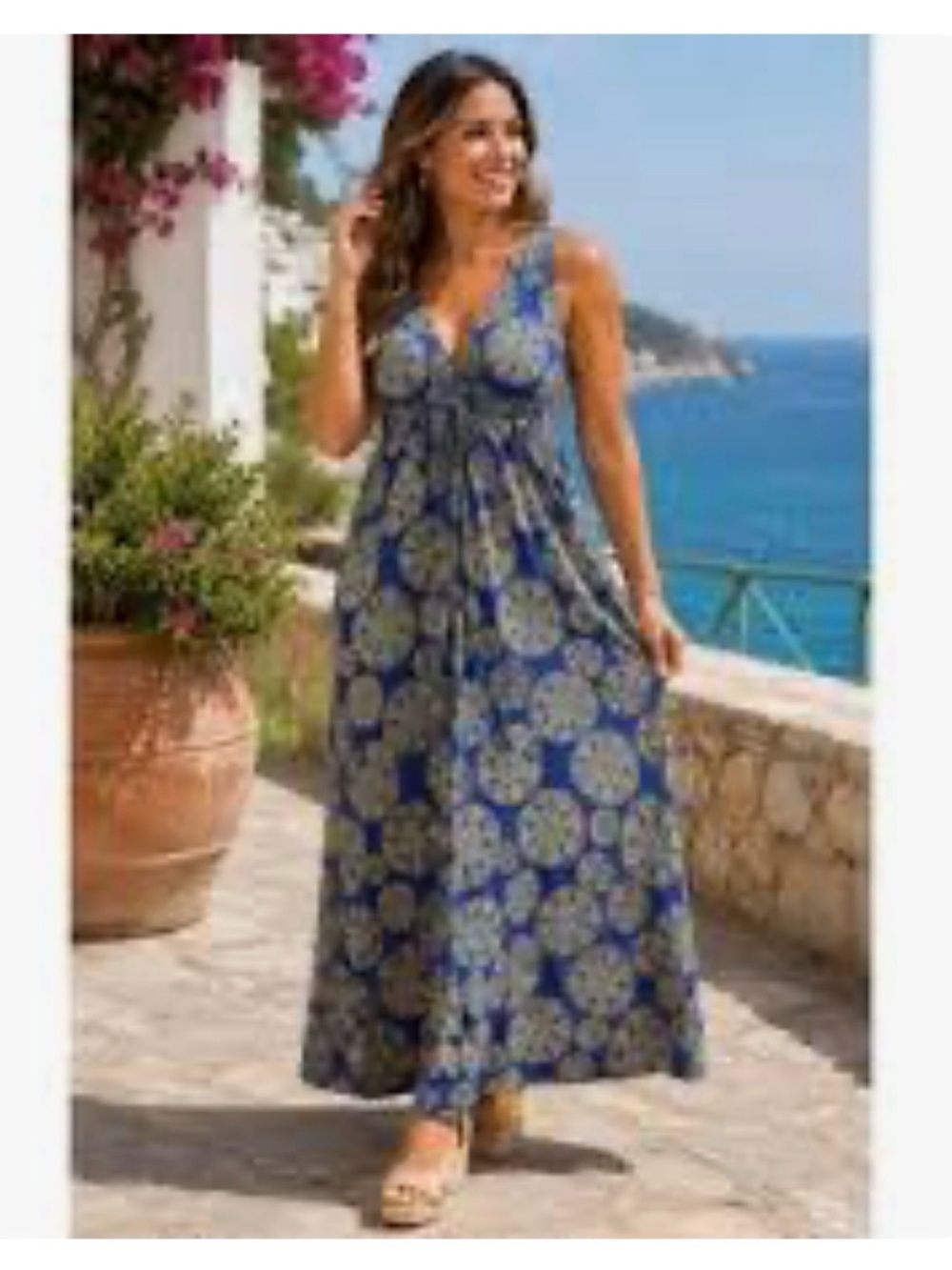 Sandra Darren Blue empire waist Medallion Print Sleeveless Maxi Dress Size 12